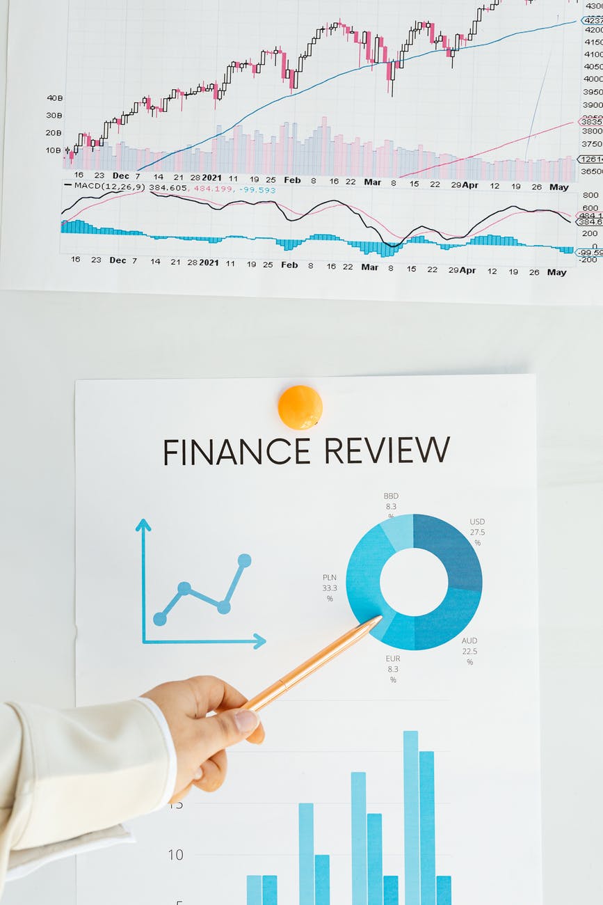 person holding a pencil showing finance review chart